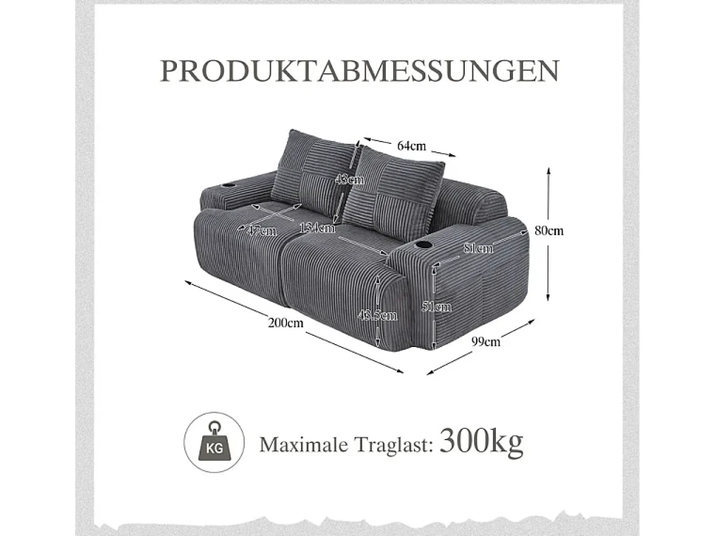 Sofá 2 lugares modular veludo canelado, porta-copos e bolso lateral, 200x99x80cm, Cinzento antracite