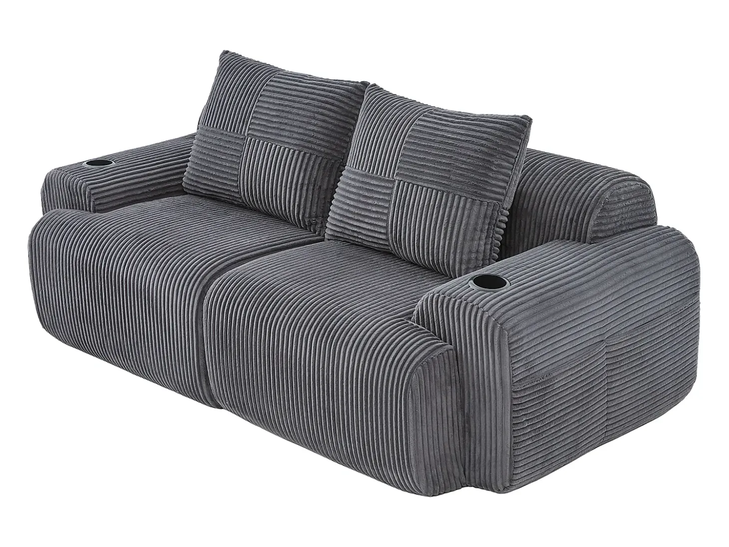 Sofá 2 lugares modular veludo canelado, porta-copos e bolso lateral, 200x99x80cm, Cinzento antracite
