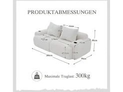Sofá 2 lugares modular veludo canelado, porta-copos e bolso lateral, 200x99x80cm, Bege