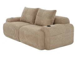 Sofá 2 lugares modular veludo canelado, porta-copos e bolso lateral, 200x99x80cm, Cáqui