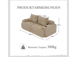 Sofá 2 lugares modular veludo canelado, porta-copos e bolso lateral, 200x99x80cm, Cáqui