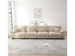 Sofá 4 lugares tecido pelúcia bege - com 6 almofadas - estrutura madeira maciça - 406x77x81cm