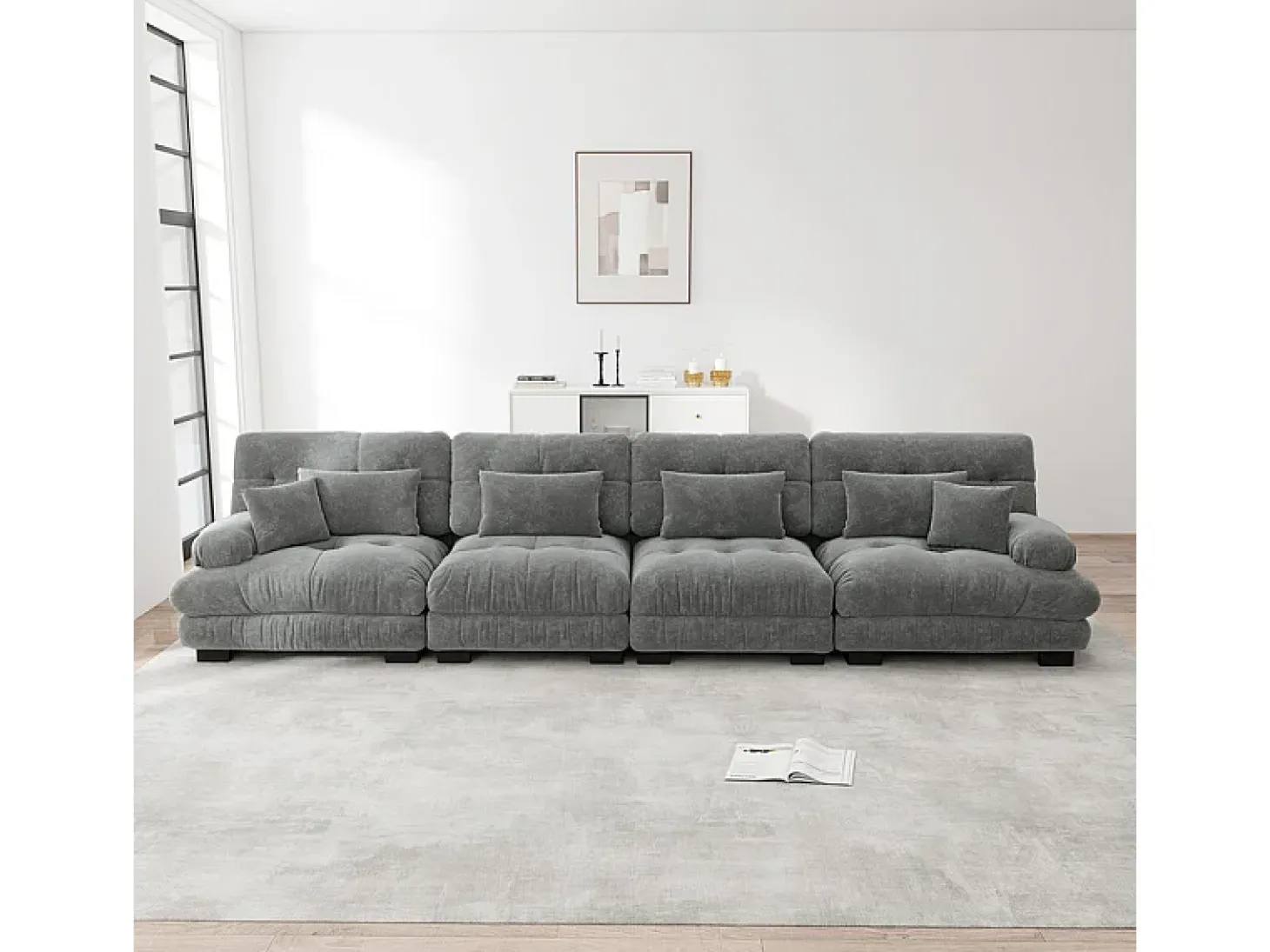 Sofá 4 lugares tecido pelúcia cinza - com 6 almofadas - estrutura madeira maciça - 406x77x81cm