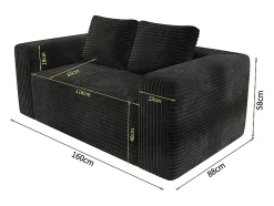 Sofá 2 Lugares, Veludo canelado preto, 65cm prof. assento, 2 almofadas, 160x88x58cm