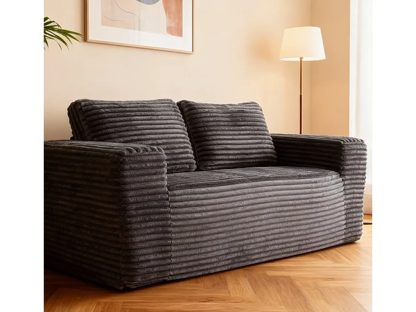 Sofá 2 Lugares, Veludo canelado cinzento, 65cm prof. assento, 2 almofadas, 160x88x58cm