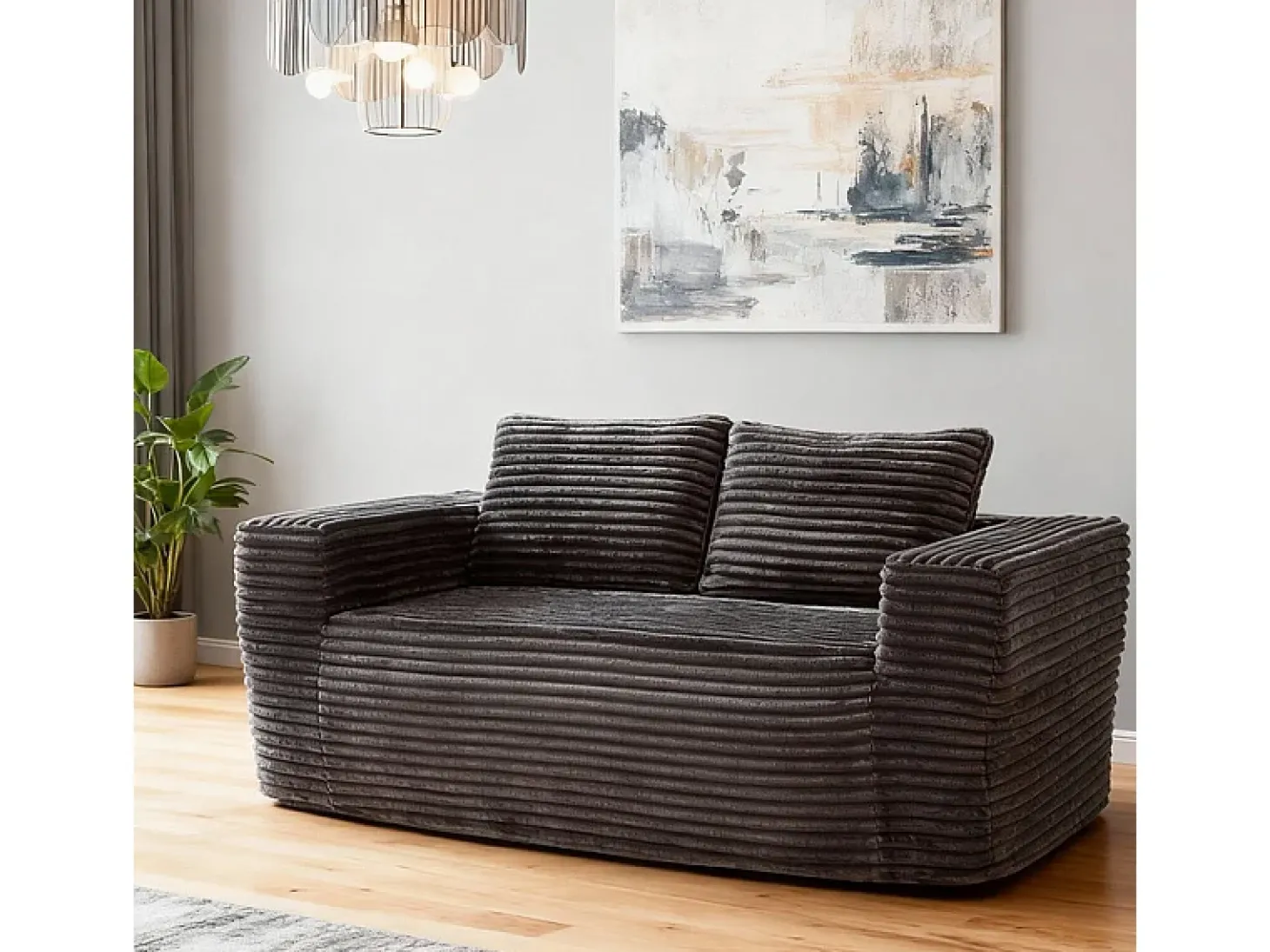 Sofá 2 Lugares, Veludo canelado cinzento, 65cm prof. assento, 2 almofadas, 160x88x58cm