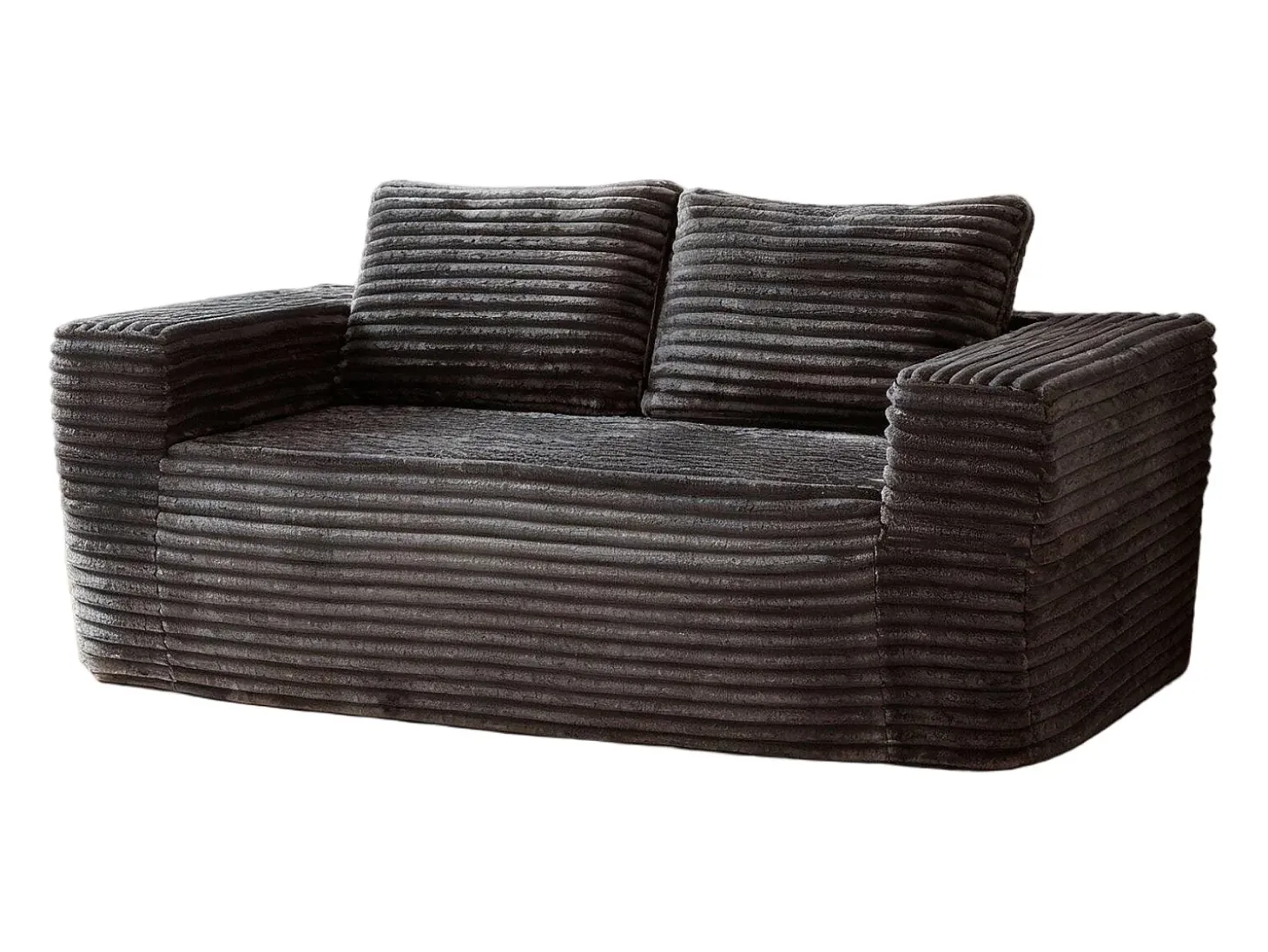 Sofá 2 Lugares, Veludo canelado cinzento, 65cm prof. assento, 2 almofadas, 160x88x58cm