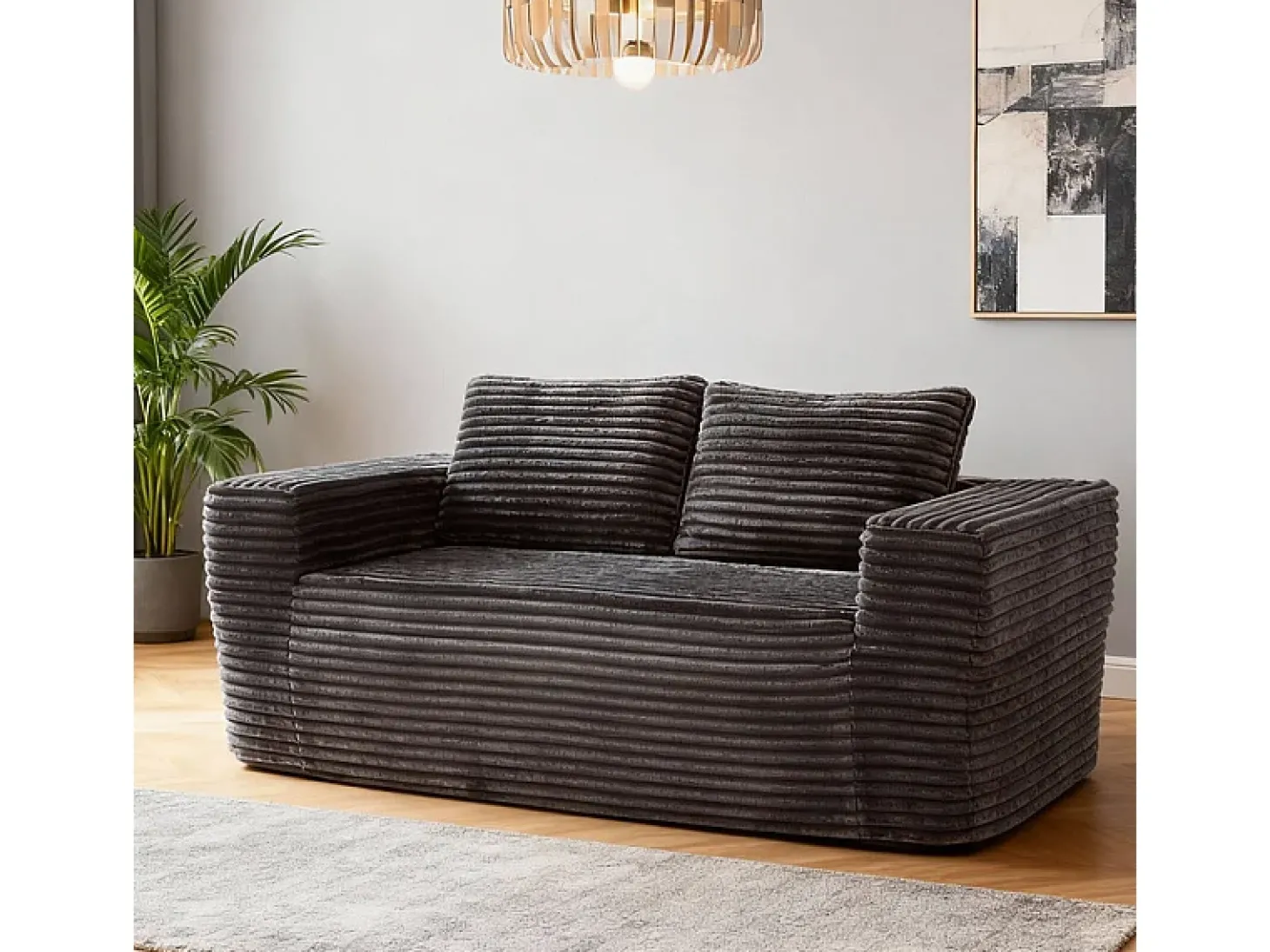 Sofá 2 Lugares, Veludo canelado cinzento, 65cm prof. assento, 2 almofadas, 160x88x58cm