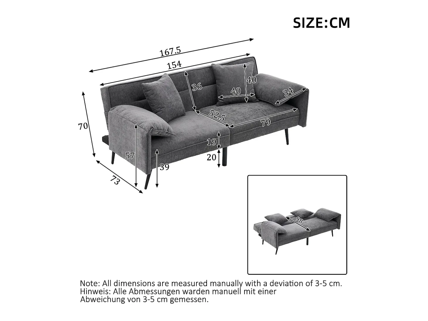 Sofá 2 lugares 167.5x73x70 cm - encosto inclinável três posições (100°–180°) - almofadas de assento macias - cinza