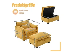 Sofá amarelo com bolsos laterais e apoio para os pés - Chenille - para sala de estar e quarto
