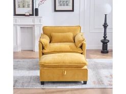 Sofá amarelo com bolsos laterais e apoio para os pés - Chenille - para sala de estar e quarto