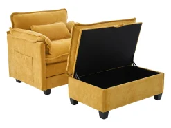 Sofá amarelo com bolsos laterais e apoio para os pés - Chenille - para sala de estar e quarto
