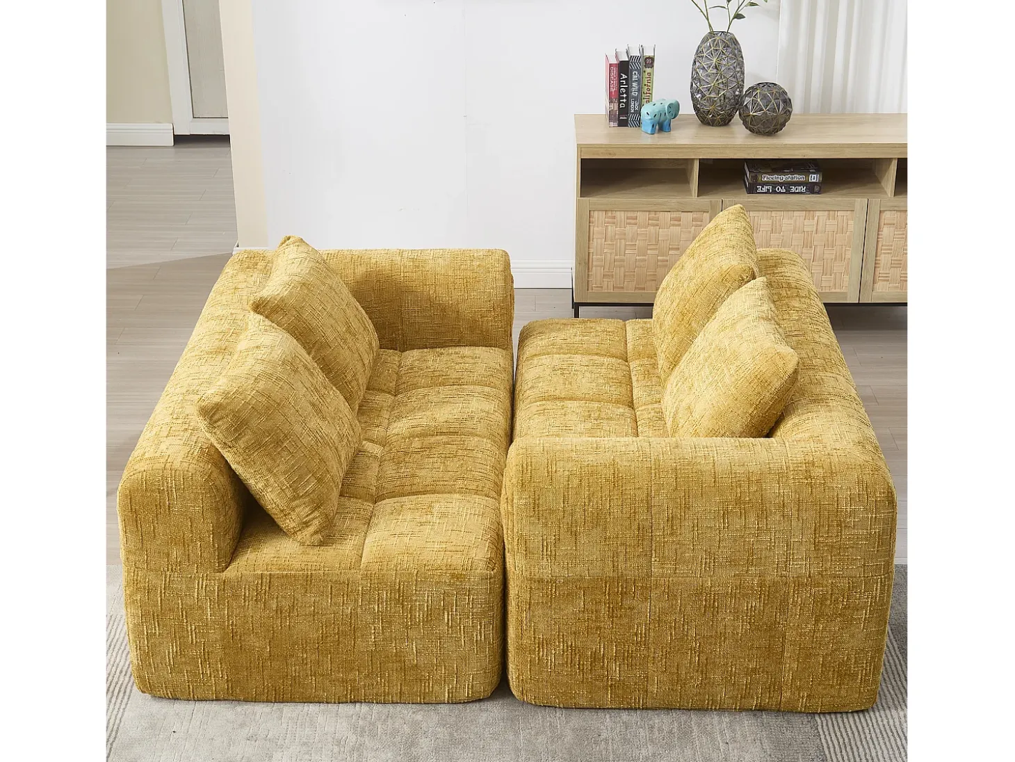Sofá amarelo de 2 lugares - Sofá reto com almofadas e compartimentos de arrumação - chenille - padrão neve