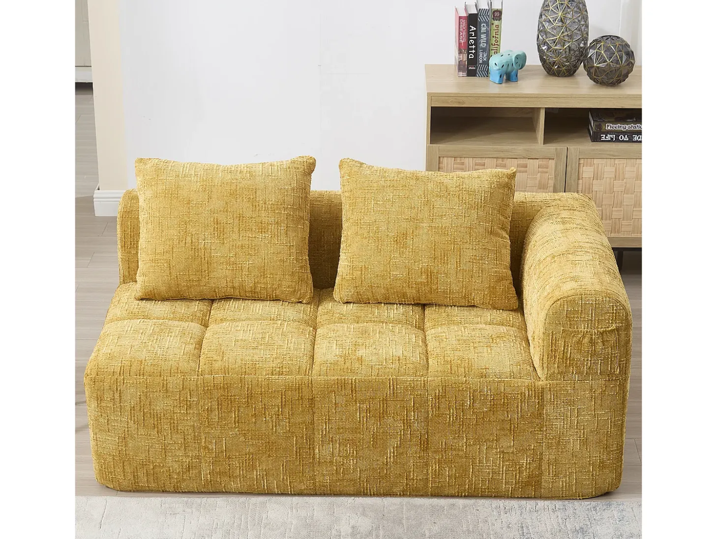 Sofá amarelo de 2 lugares - Sofá reto com almofadas e compartimentos de arrumação - chenille - padrão neve
