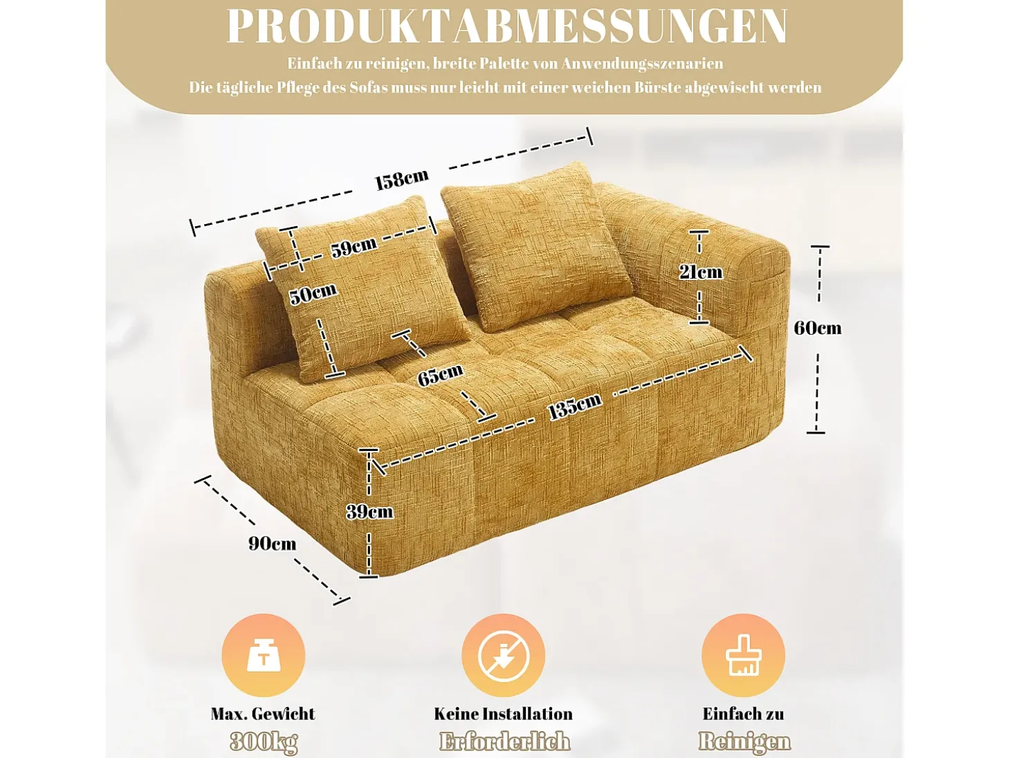 Sofá amarelo de 2 lugares - Sofá reto com almofadas e compartimentos de arrumação - chenille - padrão neve