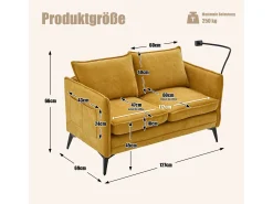 Sofá amarelo de 2 lugares - com compartimentos laterais para arrumação e suporte para telemóvel - chenille - para sala de estar e quarto