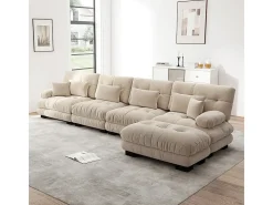 Sofá angular 4 lugares em tecido Chenille, com 6 almofadas, puff removível, combinação DIY, 406x145x81cm, Cinza