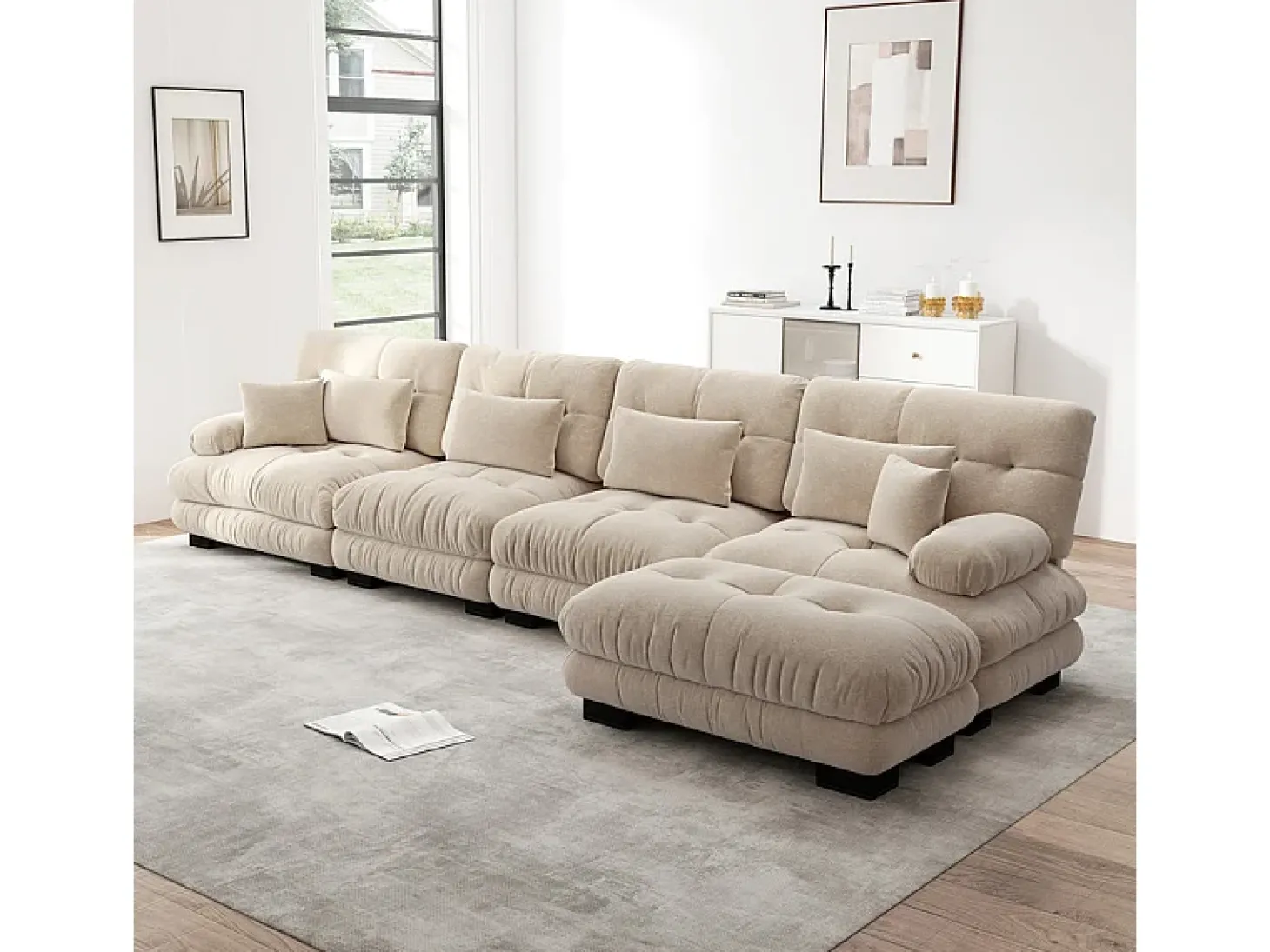 Sofá angular 4 lugares em tecido Chenille, com 6 almofadas, puff removível, combinação DIY, 406x145x81cm, Cinza