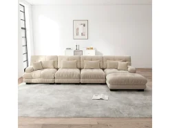 Sofá angular 4 lugares em tecido Chenille, com 6 almofadas, puff removível, combinação DIY, 406x145x81cm, Cinza