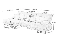 Sofá angular 3 lugares em tecido Chenille, com 5 almofadas, puff removível, combinação DIY, 313x145x81cm, Bege