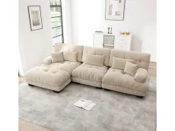 Sofá angular 3 lugares em tecido Chenille, com 5 almofadas, puff removível, combinação DIY, 313x145x81cm, Bege