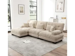 Sofá angular 3 lugares em tecido Chenille, com 5 almofadas, puff removível, combinação DIY, 313x145x81cm, Bege