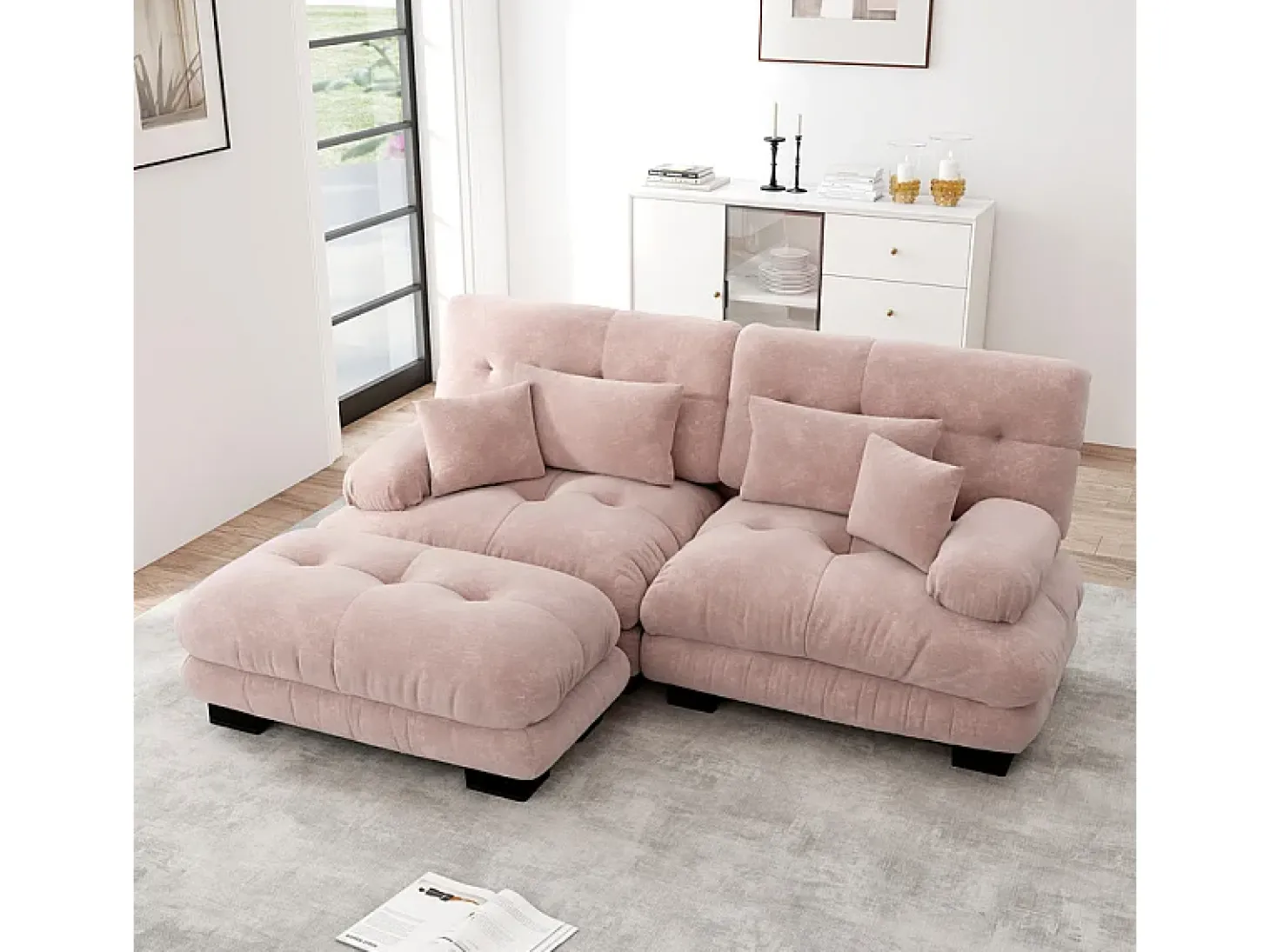 Sofá angular 2 lugares em tecido Chenille, com 4 almofadas, puff removível, combinação DIY, 220x145x81cm, Rosa
