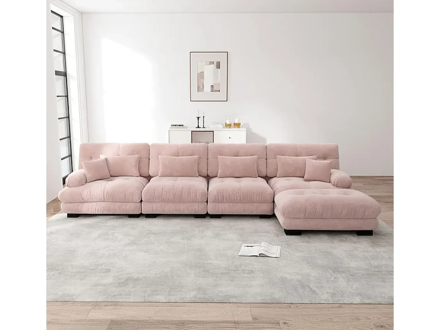 Sofá angular 4 lugares em tecido Chenille, com 6 almofadas, puff removível, combinação DIY, 406x145x81cm, Rosa