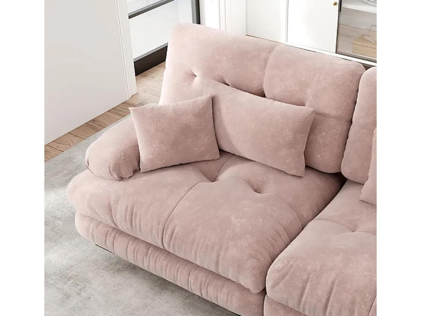 Sofá angular 4 lugares em tecido Chenille, com 6 almofadas, puff removível, combinação DIY, 406x145x81cm, Rosa