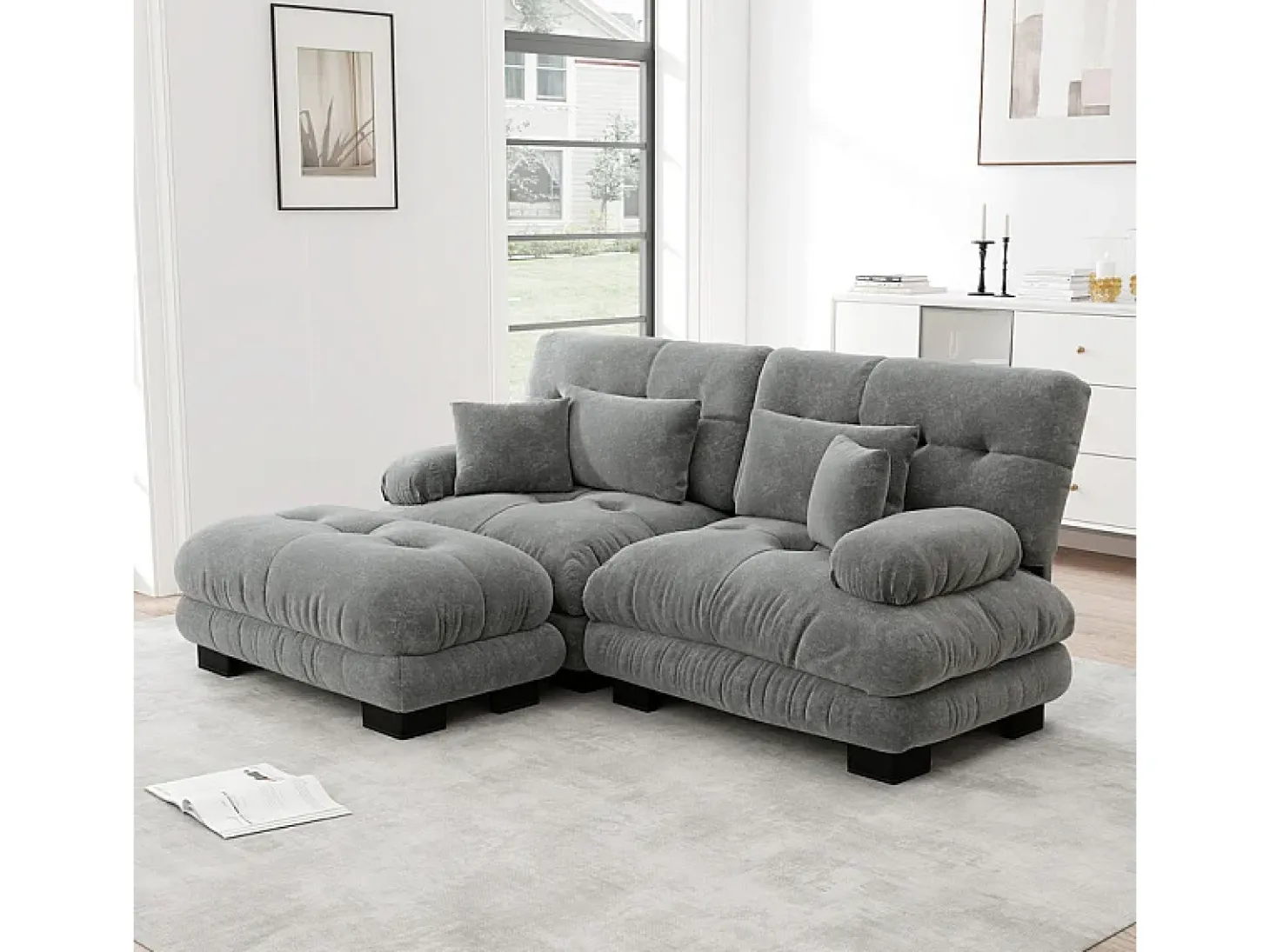 Sofá angular 2 lugares em tecido Chenille, com 4 almofadas, puff removível, combinação DIY, 220x145x81cm, Cinza