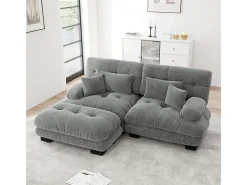 Sofá angular 2 lugares em tecido Chenille, com 4 almofadas, puff removível, combinação DIY, 220x145x81cm, Cinza