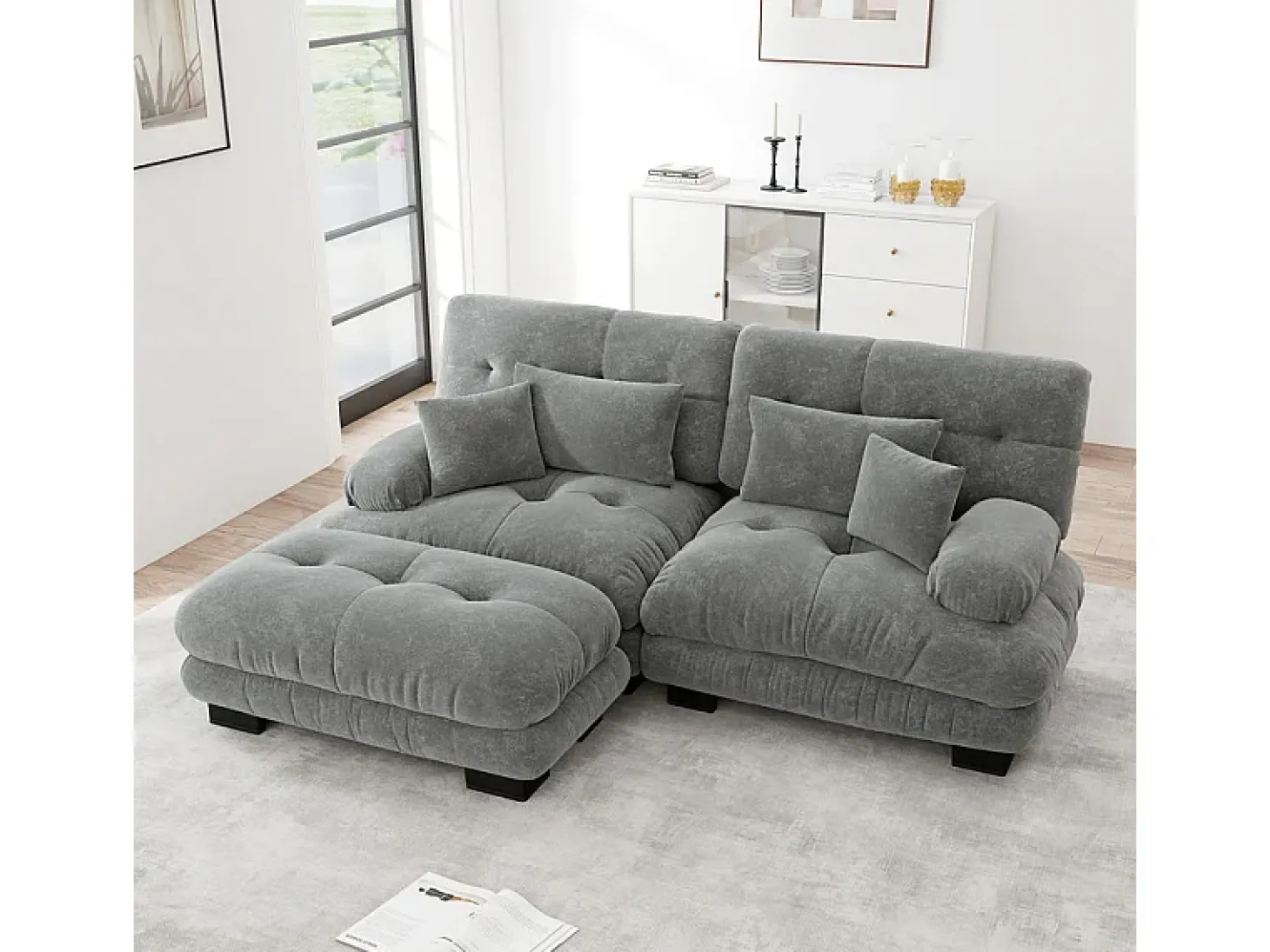 Sofá angular 2 lugares em tecido Chenille, com 4 almofadas, puff removível, combinação DIY, 220x145x81cm, Cinza