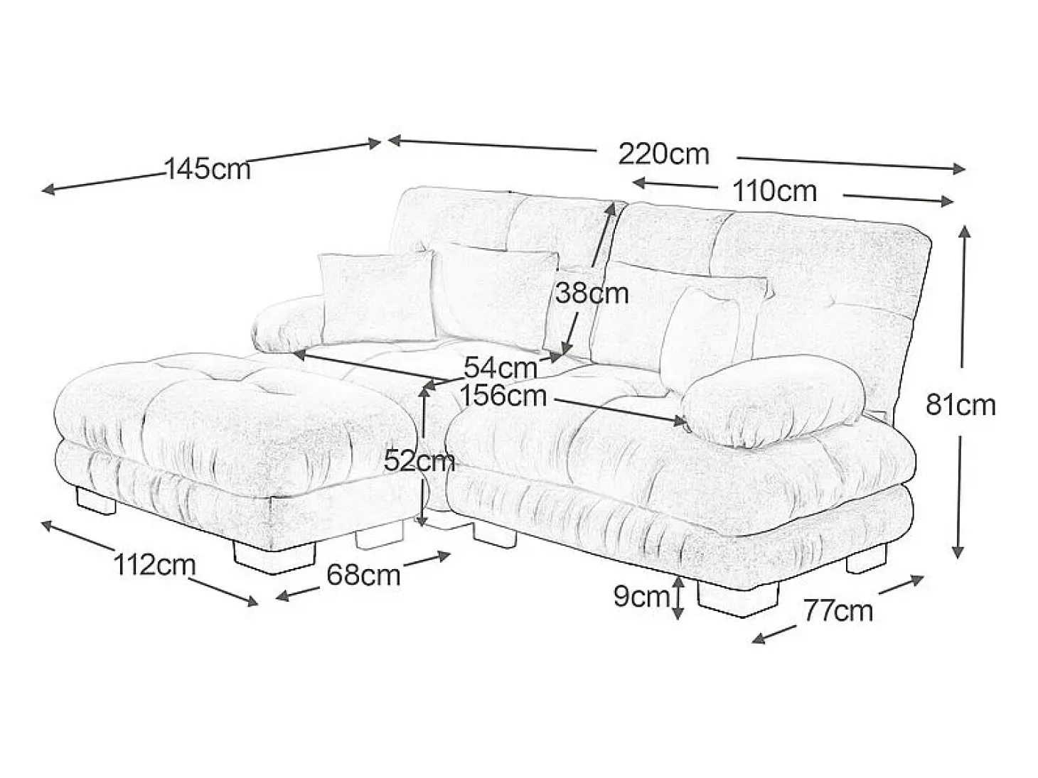 Sofá angular 2 lugares em tecido Chenille, com 4 almofadas, puff removível, combinação DIY, 220x145x81cm, Cinza