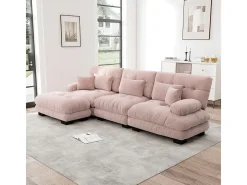 Sofá angular 3 lugares em tecido Chenille, com 5 almofadas, puff removível, combinação DIY, 313x145x81cm, Rosa