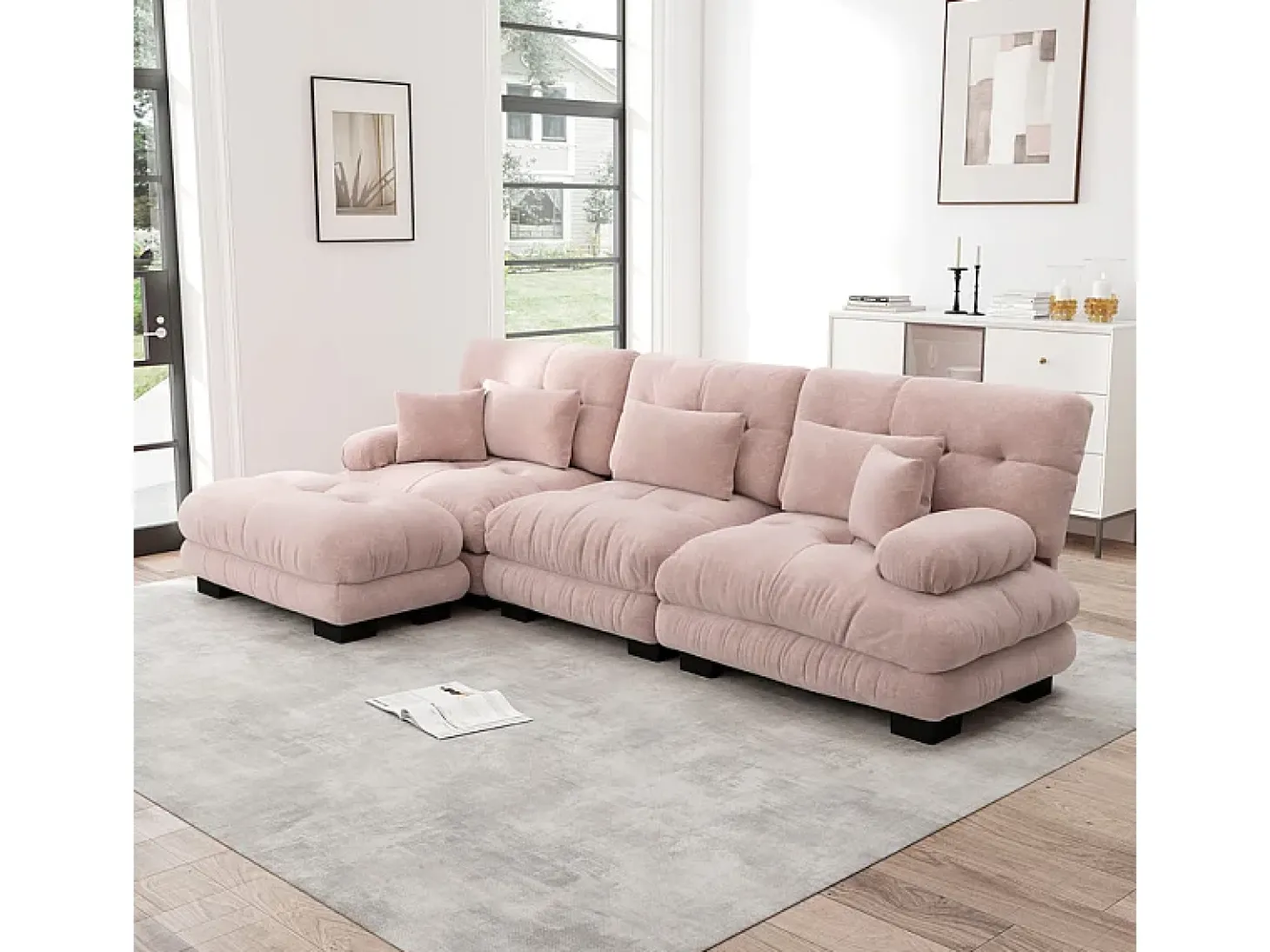 Sofá angular 3 lugares em tecido Chenille, com 5 almofadas, puff removível, combinação DIY, 313x145x81cm, Rosa