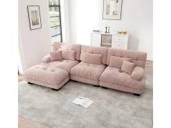 Sofá angular 3 lugares em tecido Chenille, com 5 almofadas, puff removível, combinação DIY, 313x145x81cm, Rosa
