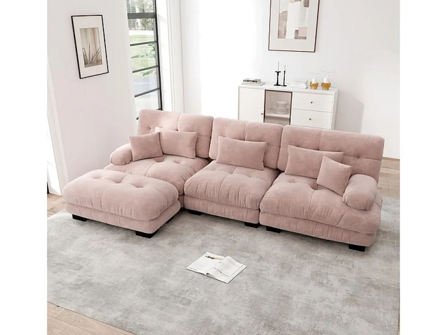 Sofá angular 3 lugares em tecido Chenille, com 5 almofadas, puff removível, combinação DIY, 313x145x81cm, Rosa