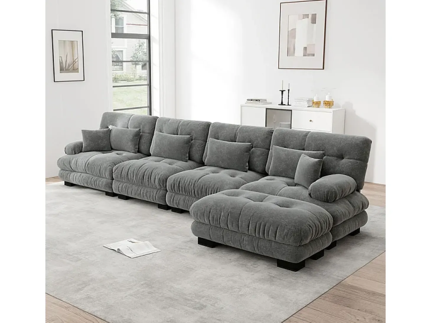 Sofá angular 4 lugares em tecido Chenille, com 6 almofadas, puff removível, combinação DIY, 406x145x81cm, Bege