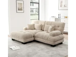 Sofá angular 2 lugares em tecido Chenille, com 4 almofadas, puff removível, combinação DIY, 220x145x81cm, Bege