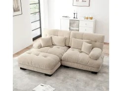 Sofá angular 2 lugares em tecido Chenille, com 4 almofadas, puff removível, combinação DIY, 220x145x81cm, Bege