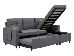 Sofá angular conversível em veludo - 3 lugares - com armazenamento, porta-copos de aço inoxidável - 205x139x87cm - Cinza