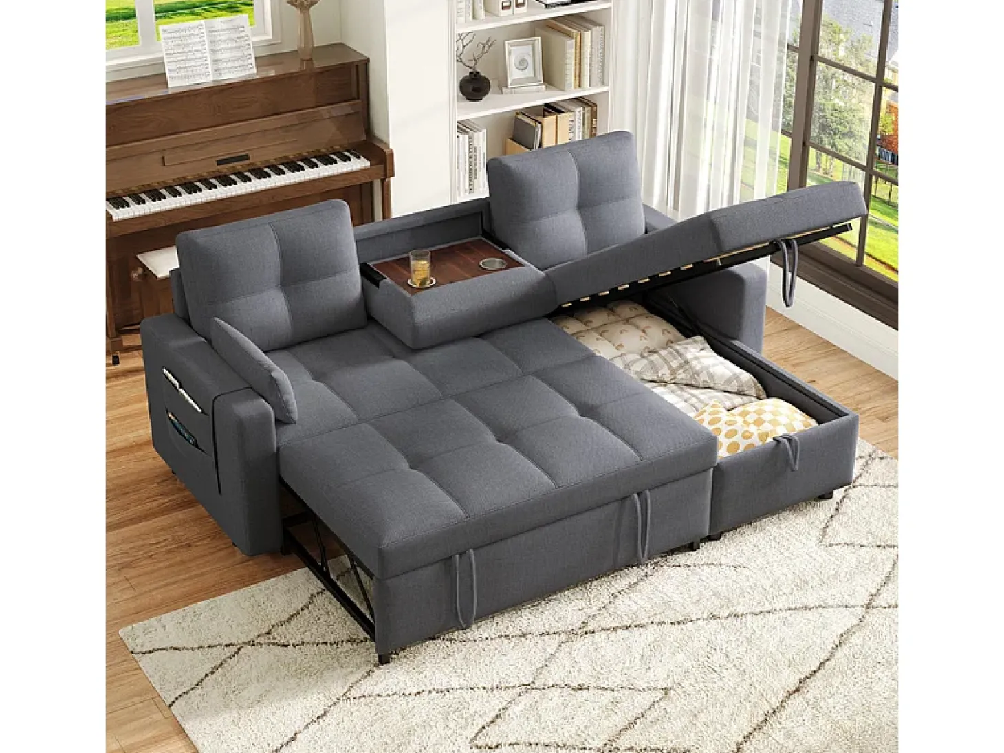 Sofá angular conversível em veludo - 3 lugares - com armazenamento, porta-copos de aço inoxidável - 205x139x87cm - Cinza