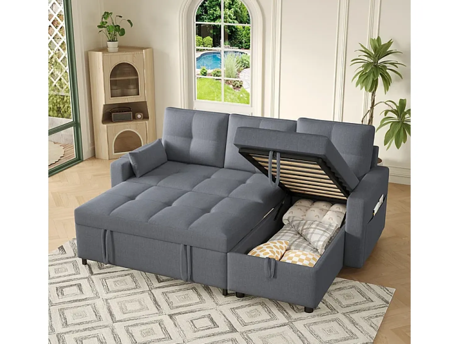 Sofá angular conversível em veludo - 3 lugares - com armazenamento, porta-copos de aço inoxidável - 205x139x87cm - Cinza