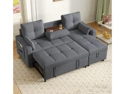 Sofá angular conversível em veludo - 3 lugares - com armazenamento, porta-copos de aço inoxidável - 205x139x87cm - Cinza