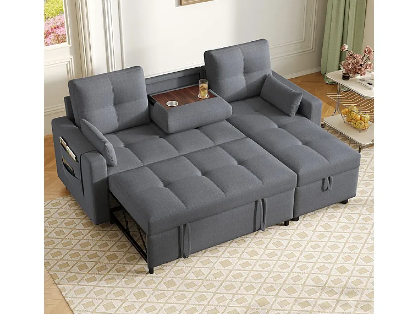 Sofá angular conversível em veludo - 3 lugares - com armazenamento, porta-copos de aço inoxidável - 205x139x87cm - Cinza