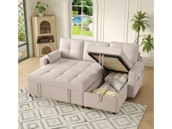 Sofá angular conversível em veludo - 3 lugares - com armazenamento, porta-copos de aço inoxidável - 205x139x87cm - Bege