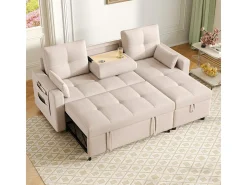 Sofá angular conversível em veludo - 3 lugares - com armazenamento, porta-copos de aço inoxidável - 205x139x87cm - Bege