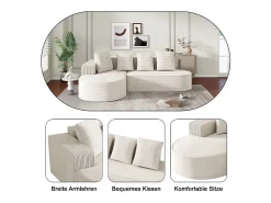 Sofá angular esquerdo de Veludo de canelura larga com 4 almofadas - 265x67x40,5cm - Branco