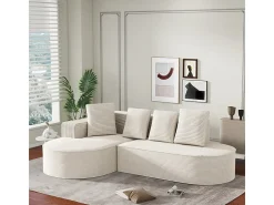 Sofá angular esquerdo de Veludo de canelura larga com 4 almofadas - 265x67x40,5cm - Branco