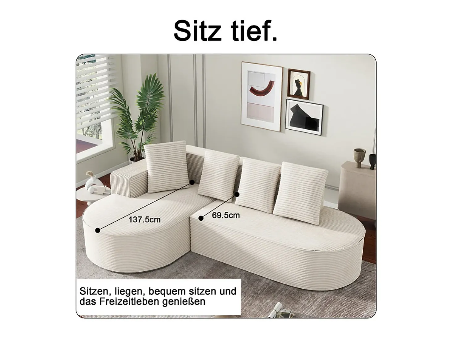 Sofá angular esquerdo de Veludo de canelura larga com 4 almofadas - 265x67x40,5cm - Branco